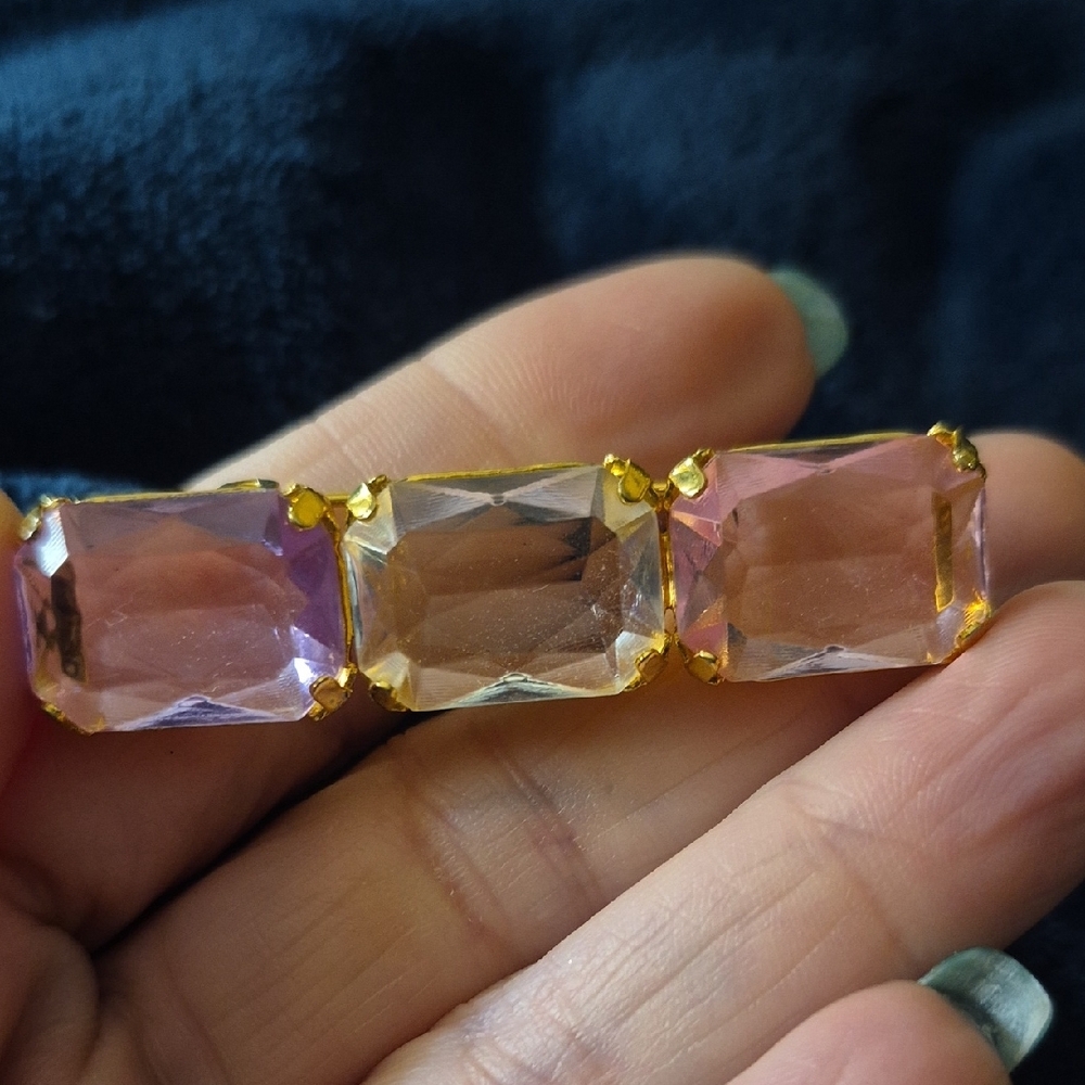 Vintage Three Glass Stone Bar Pink Clear  Brooch - Picture 3 of 5